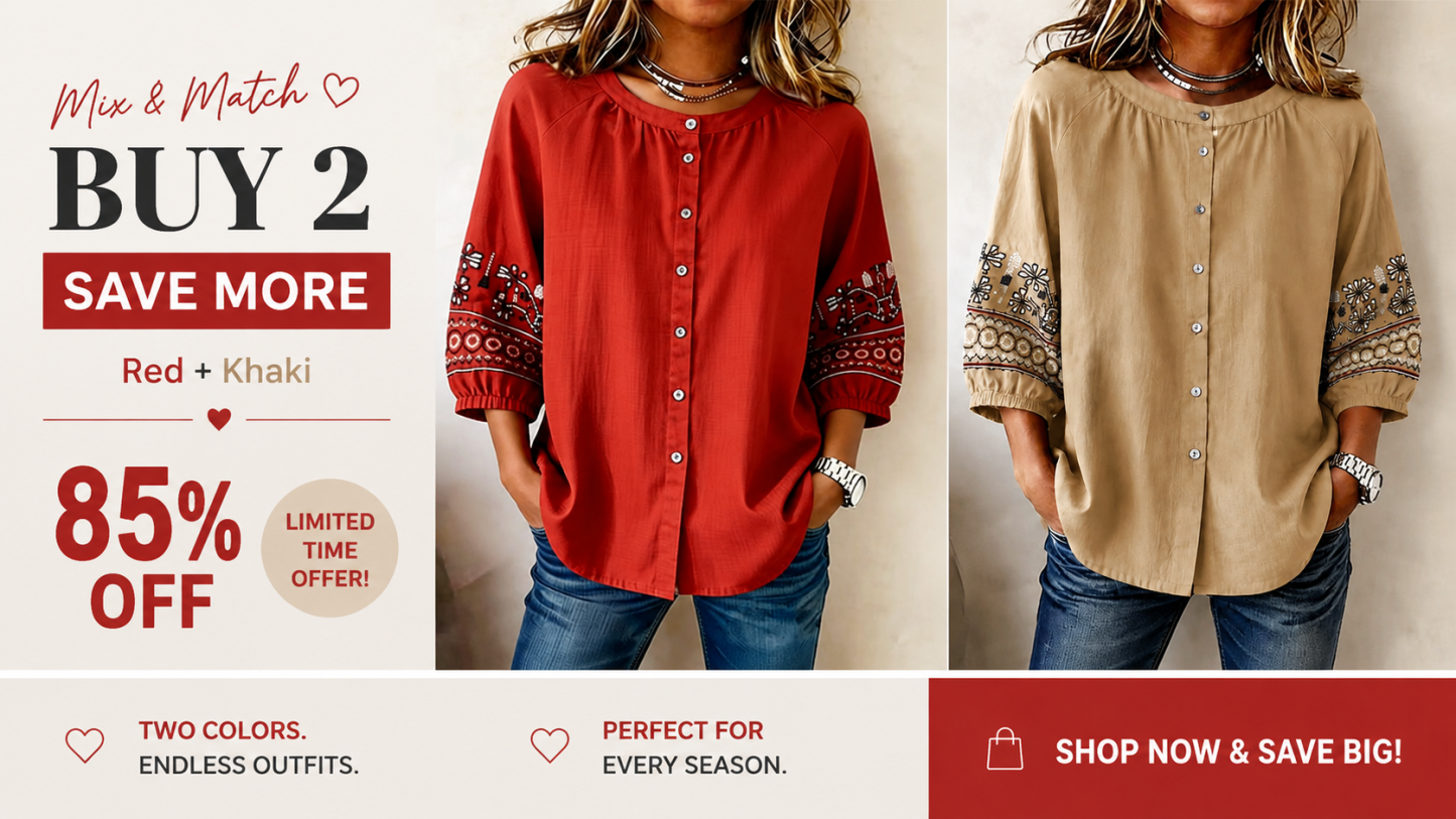 Women's Casual Round Neck Button-Up Three-Quarter Sleeve Shirt