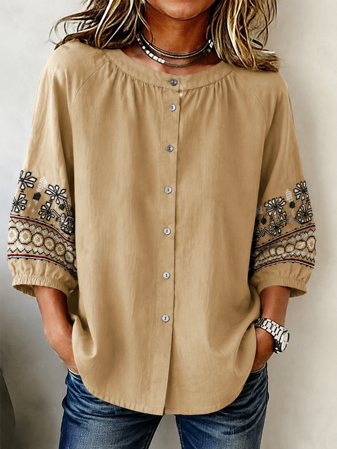 Women's Casual Round Neck Button-Up Three-Quarter Sleeve Shirt