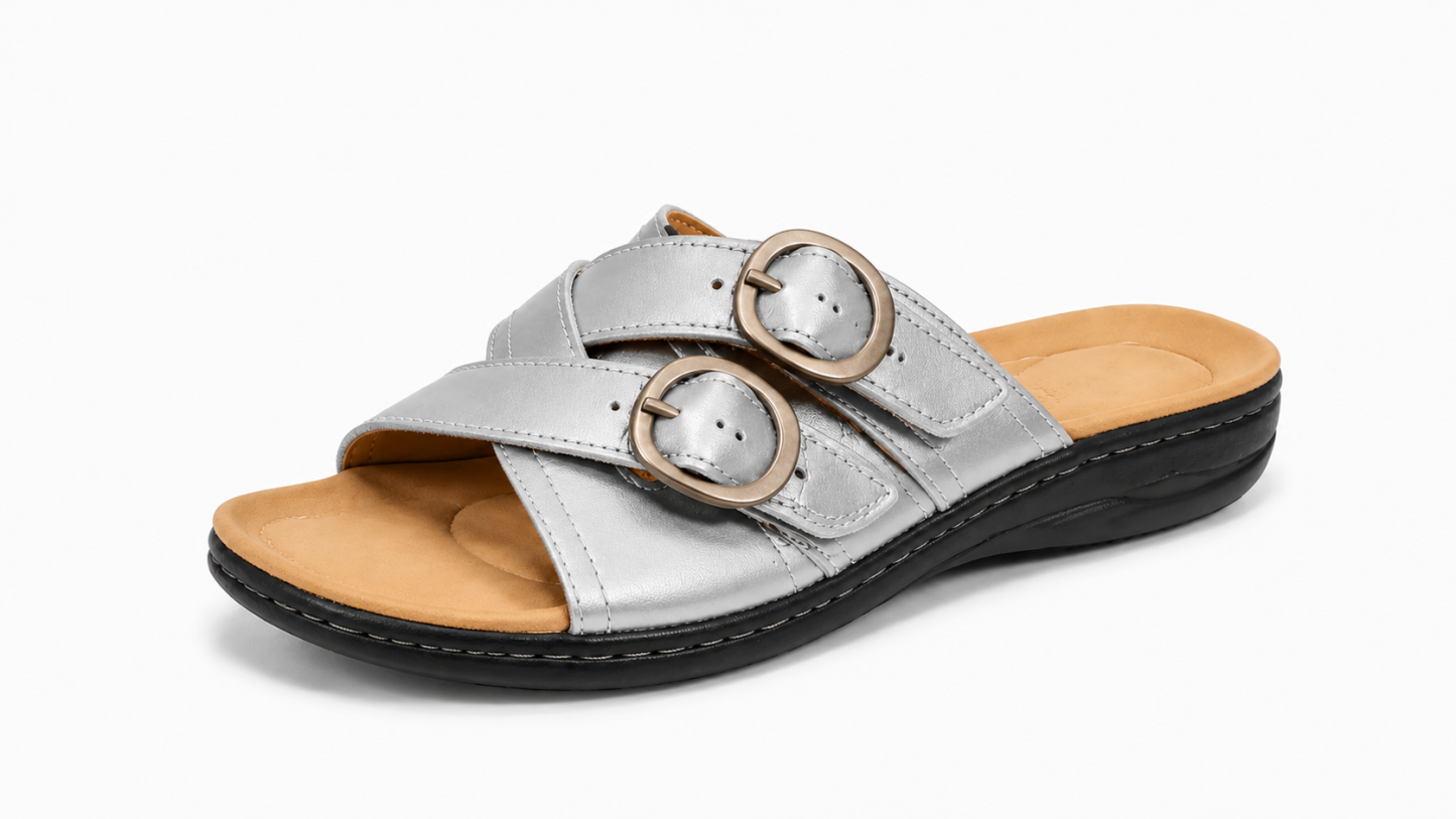 Women’s Comfort Leather Slide Sandals – Soft Cushioned Footbed & Adjustable Buckle Straps