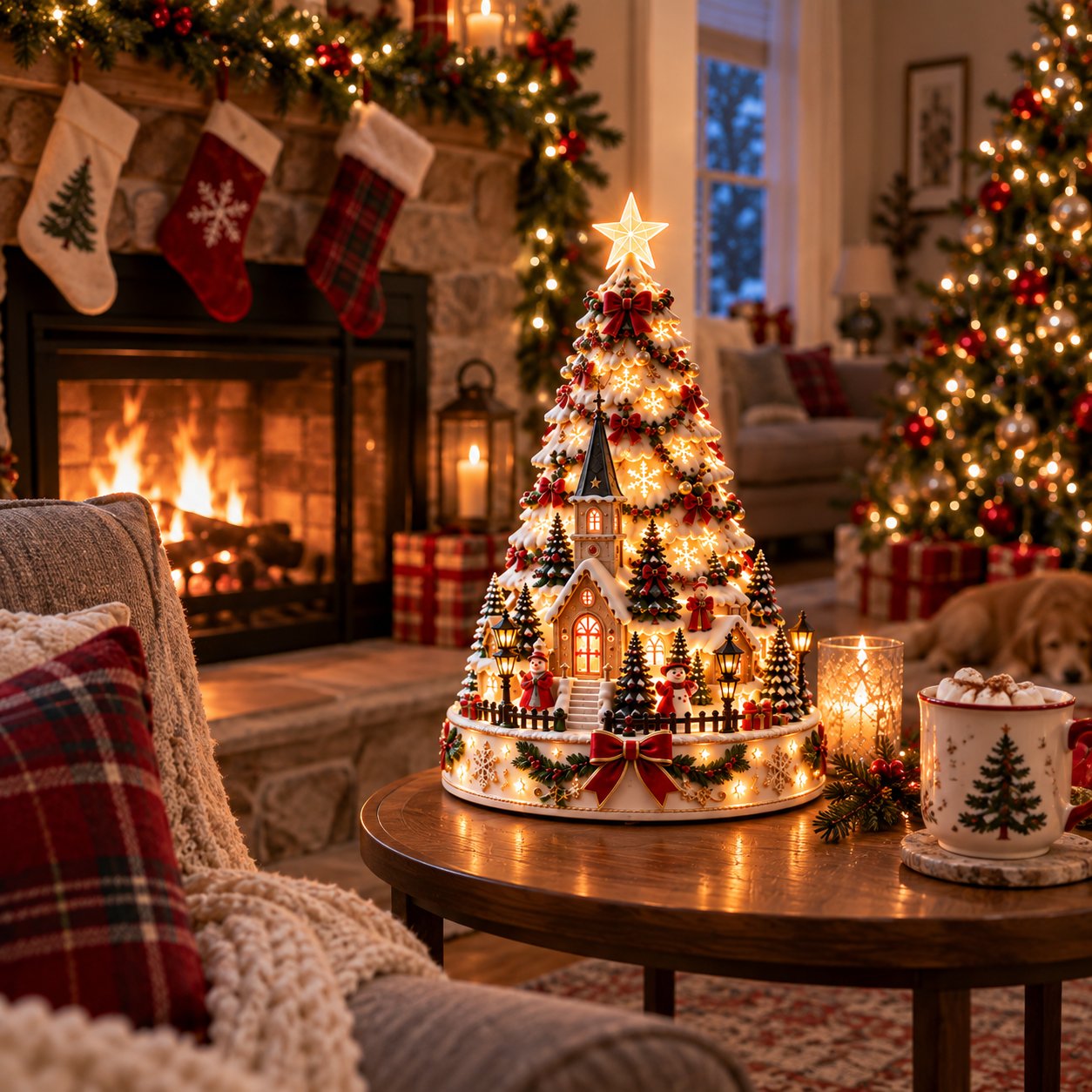 Christmas centerpiece styled beside the fireplace