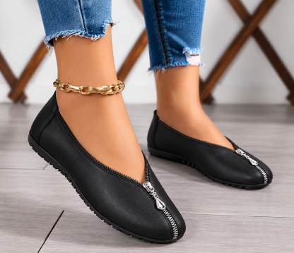 Women’s Vintage V-Neck Front-Zip Flat Shoes