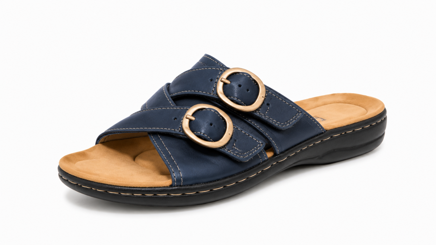 Women’s Comfort Leather Slide Sandals – Soft Cushioned Footbed & Adjustable Buckle Straps