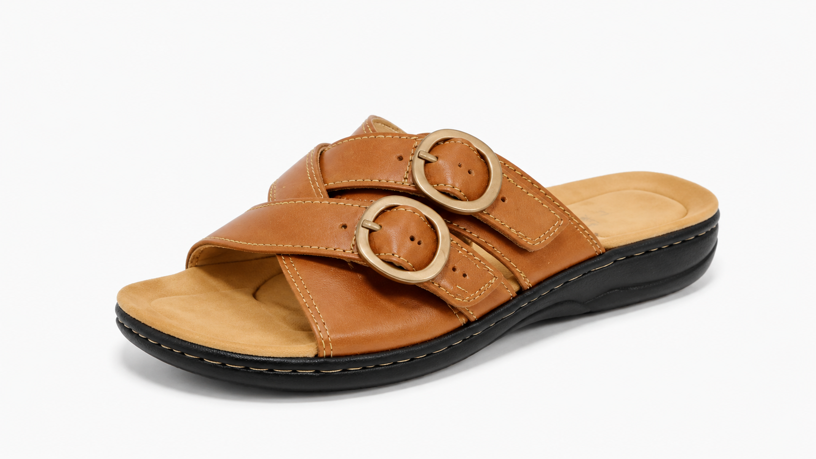 Women’s Comfort Leather Slide Sandals – Soft Cushioned Footbed & Adjustable Buckle Straps