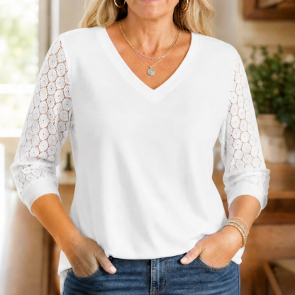 Crochet Lace Sleeve V-Neck Top