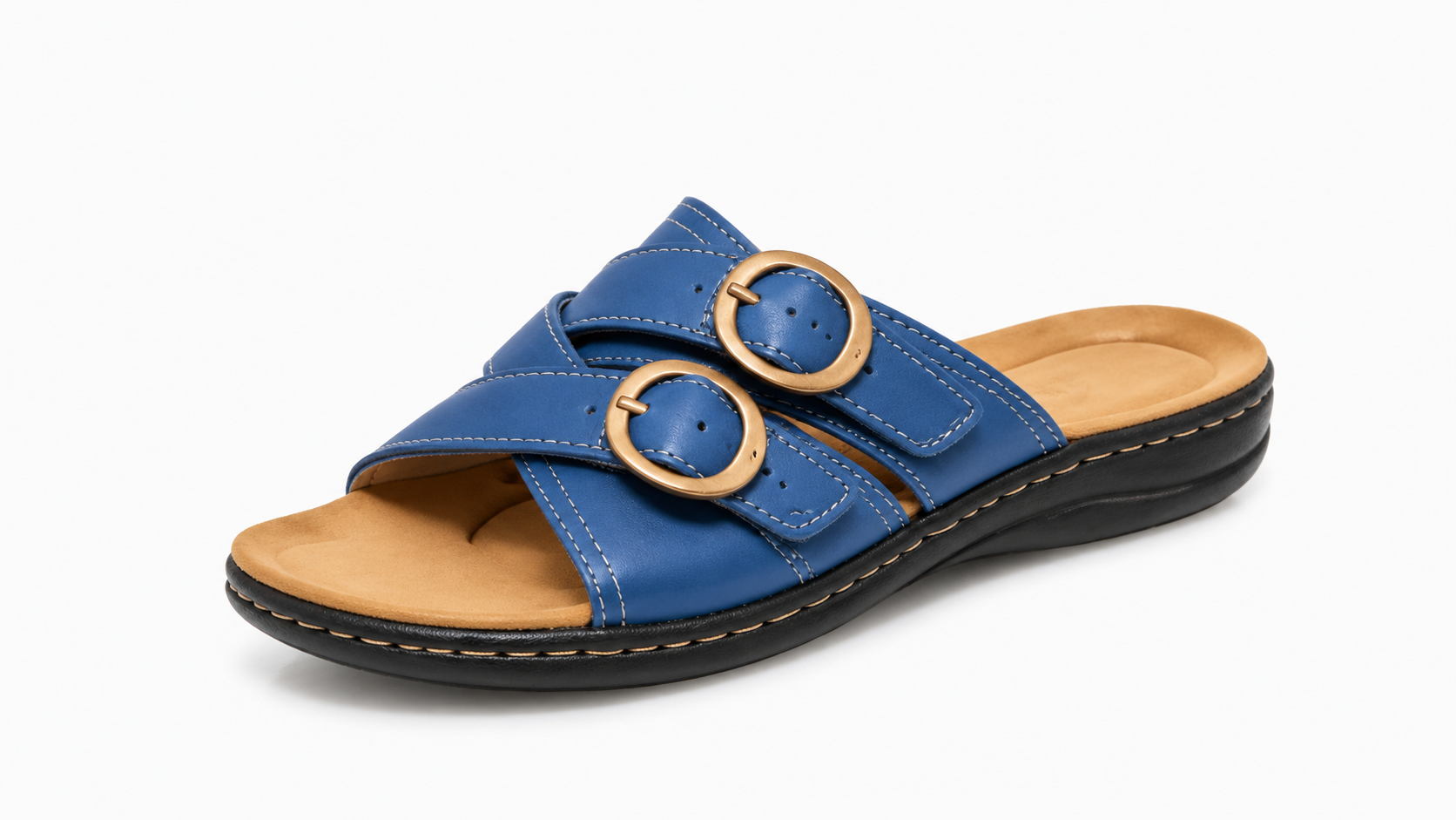 Women’s Comfort Leather Slide Sandals – Soft Cushioned Footbed & Adjustable Buckle Straps