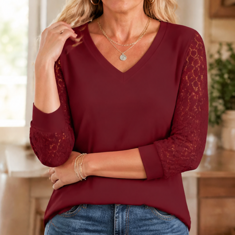  Crochet Lace Sleeve V-Neck Top