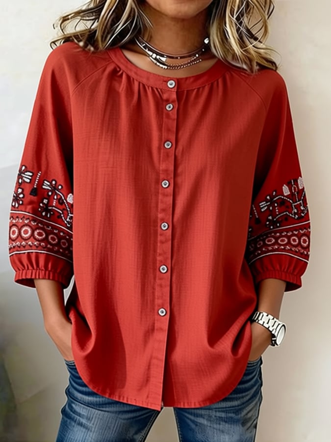 Women's Casual Round Neck Button-Up Three-Quarter Sleeve Shirt