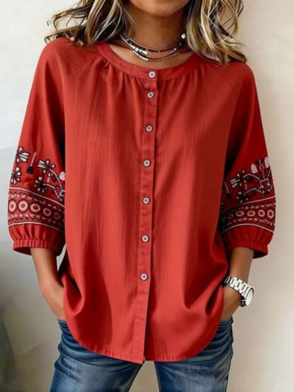 Women's Casual Round Neck Button-Up Three-Quarter Sleeve Shirt