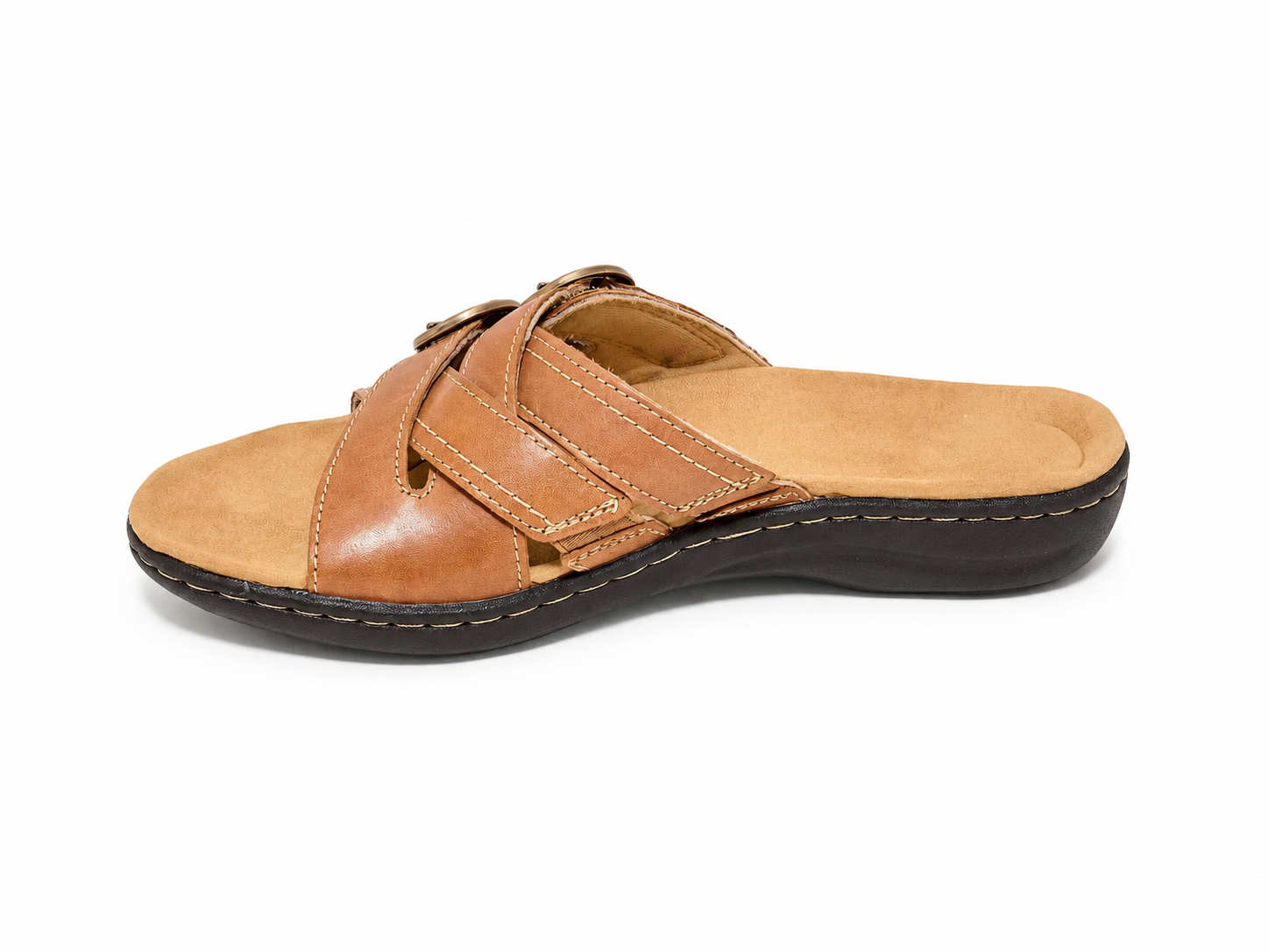 Women’s Comfort Leather Slide Sandals – Soft Cushioned Footbed & Adjustable Buckle Straps