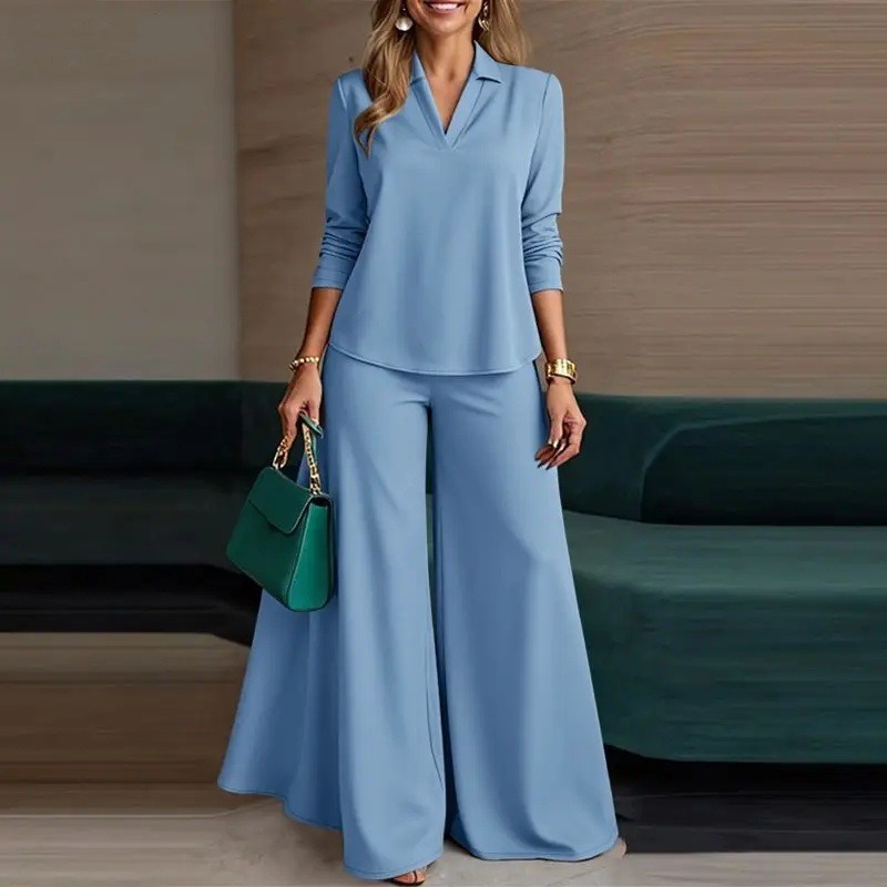 Sophisticated V Neck Wide Leg Pants Set