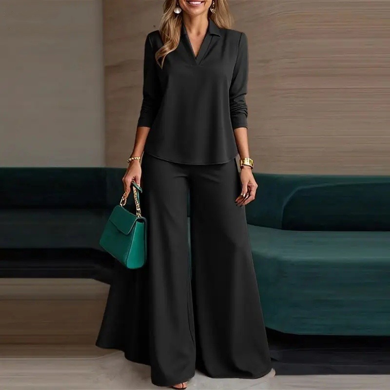 Sophisticated V Neck Wide Leg Pants Set