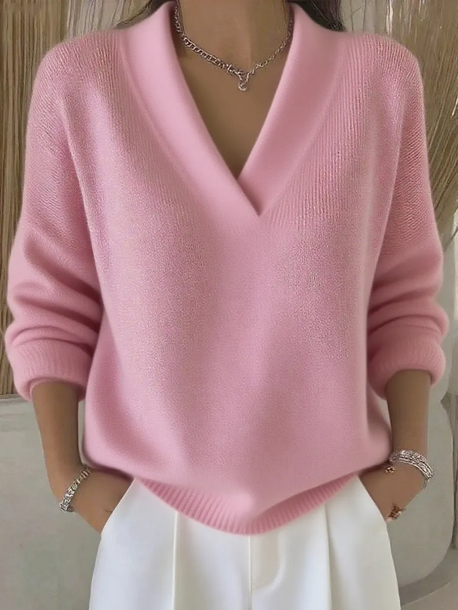 Women Plain Split Joint Spring/Fall Street Long Sleeve V Neck Cotton Sweater