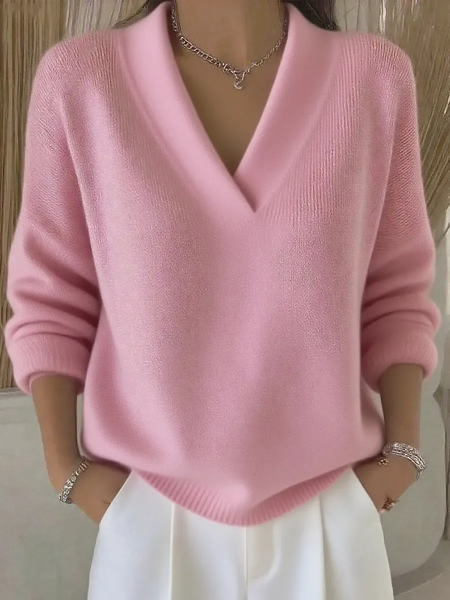 Women Plain Split Joint Spring/Fall Street Long Sleeve V Neck Cotton Sweater