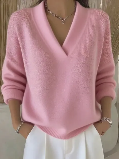 Women Plain Split Joint Spring/Fall Street Long Sleeve V Neck Cotton Sweater