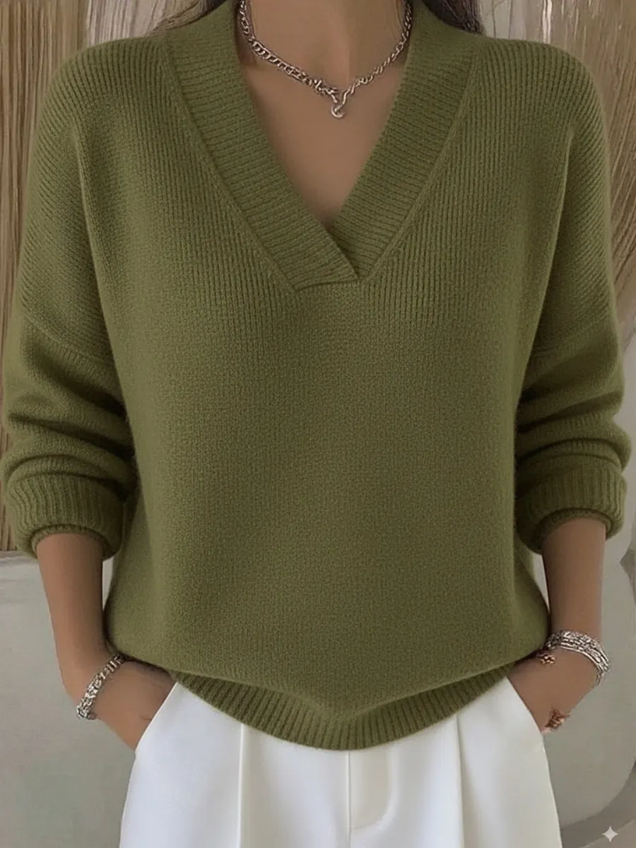 Women Plain Split Joint Spring/Fall Street Long Sleeve V Neck Cotton Sweater