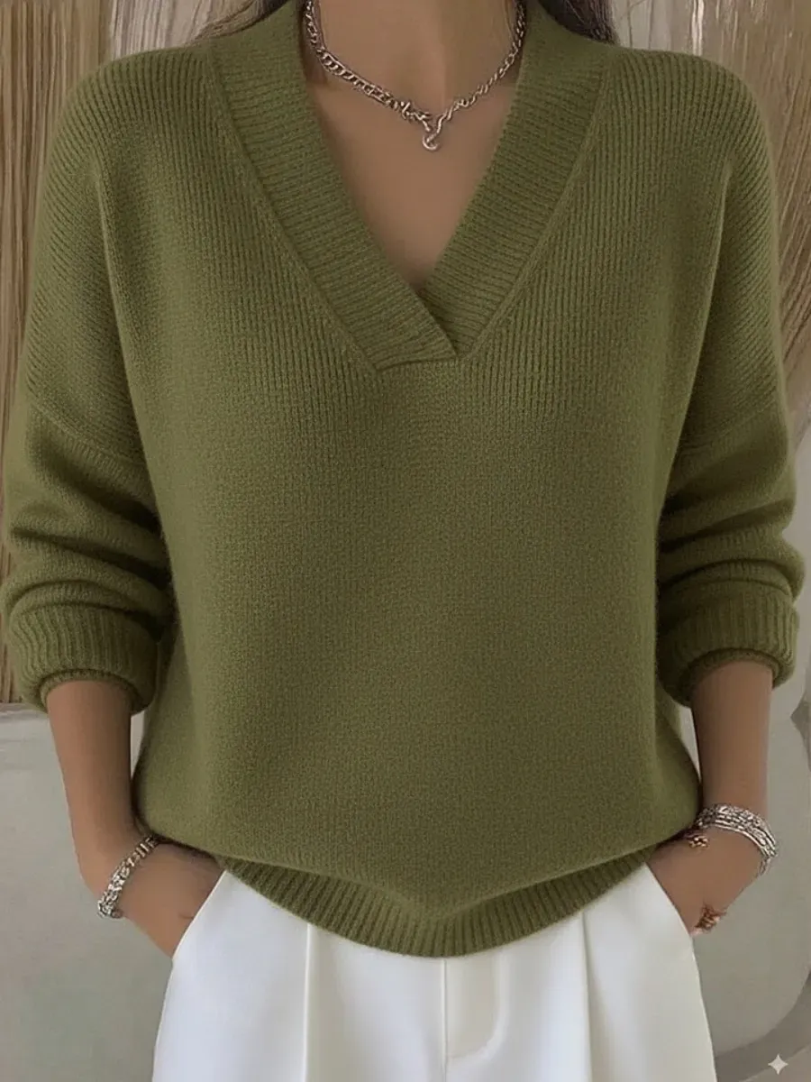 Women Plain Split Joint Spring/Fall Street Long Sleeve V Neck Cotton Sweater