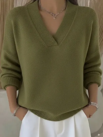 Women Plain Split Joint Spring/Fall Street Long Sleeve V Neck Cotton Sweater