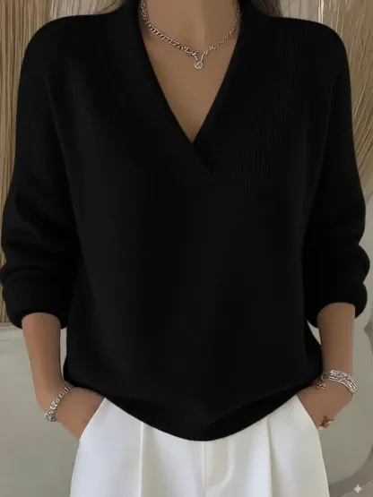 Women Plain Split Joint Spring/Fall Street Long Sleeve V Neck Cotton Sweater