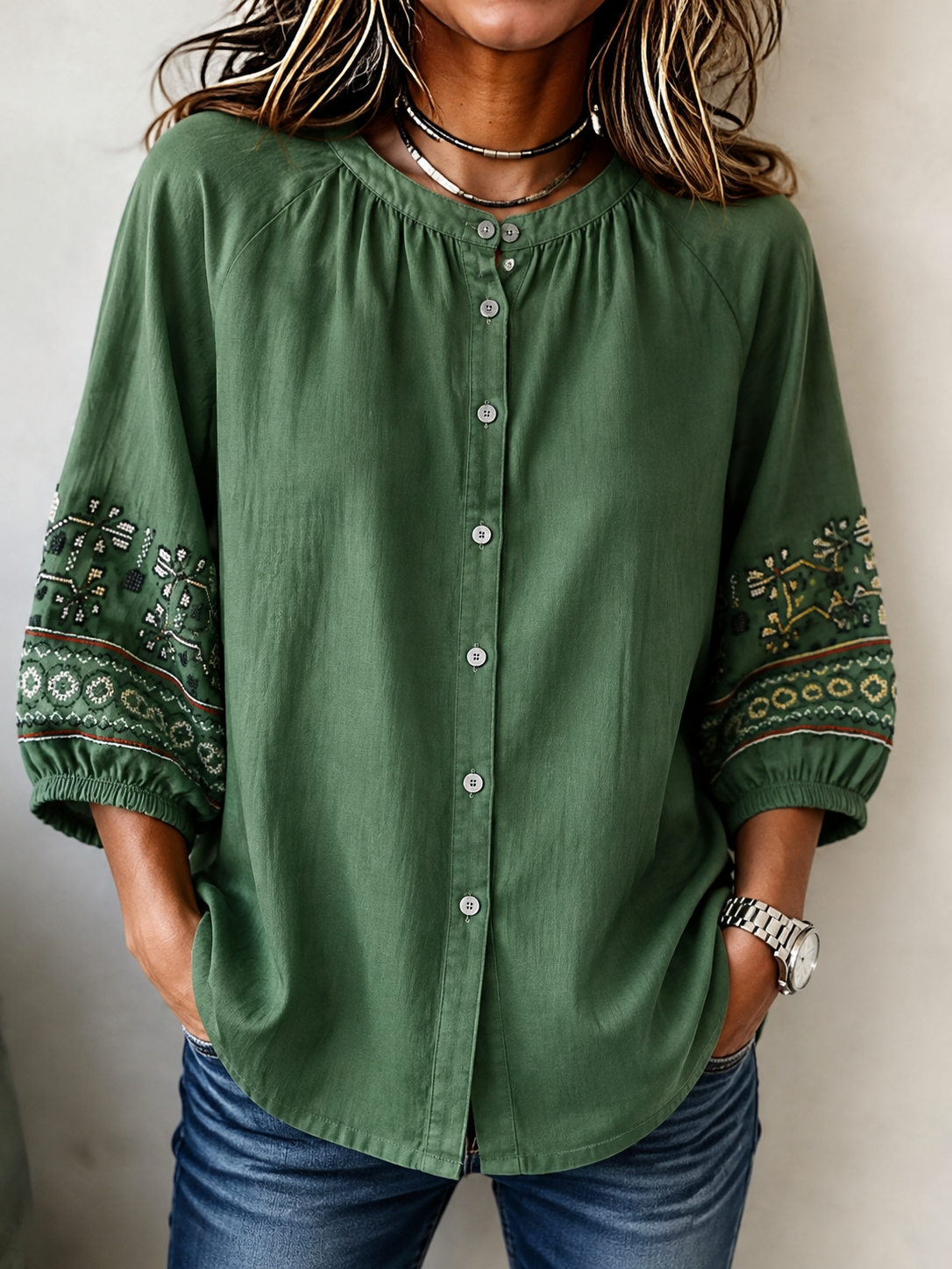 Women's Casual Round Neck Button-Up Three-Quarter Sleeve Shirt
