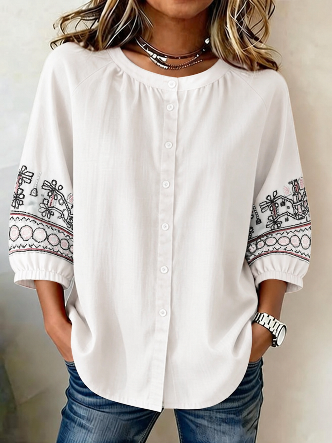Women's Casual Round Neck Button-Up Three-Quarter Sleeve Shirt