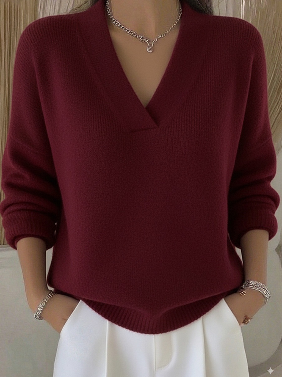Women Plain Split Joint Spring/Fall Street Long Sleeve V Neck Cotton Sweater