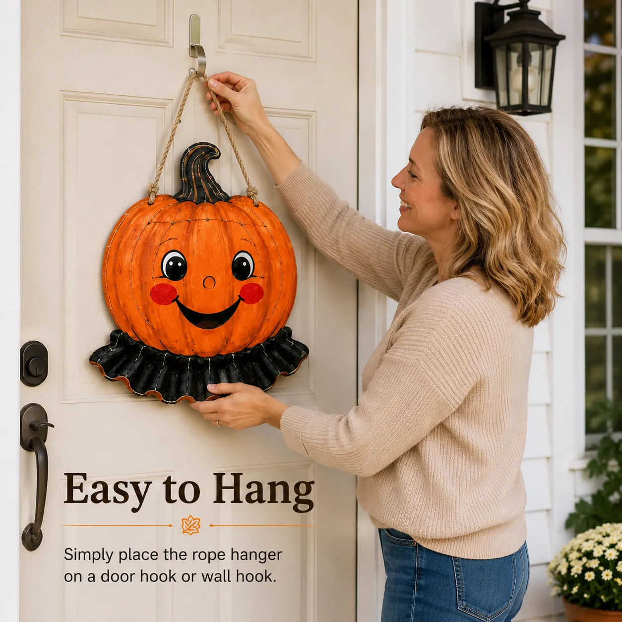 Lighted Smiling Pumpkin Door Hanger