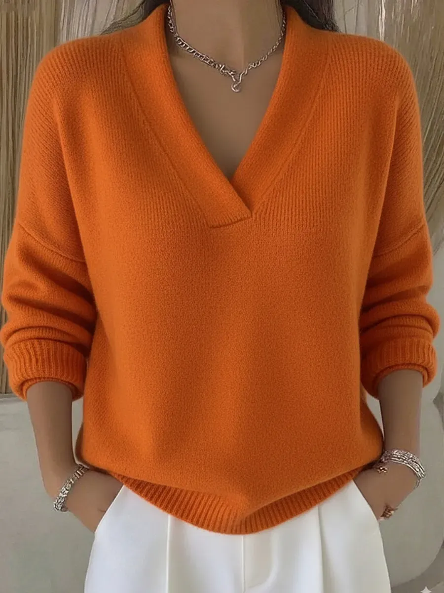 Women Plain Split Joint Spring/Fall Street Long Sleeve V Neck Cotton Sweater