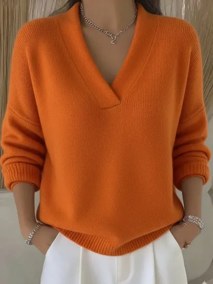 Women Plain Split Joint Spring/Fall Street Long Sleeve V Neck Cotton Sweater