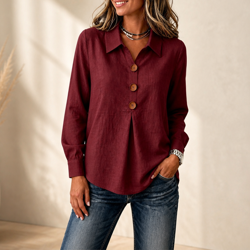 Inverted Box Pleat Button-Up Blouse