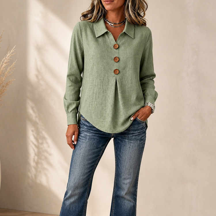 Inverted Box Pleat Button-Up Blouse