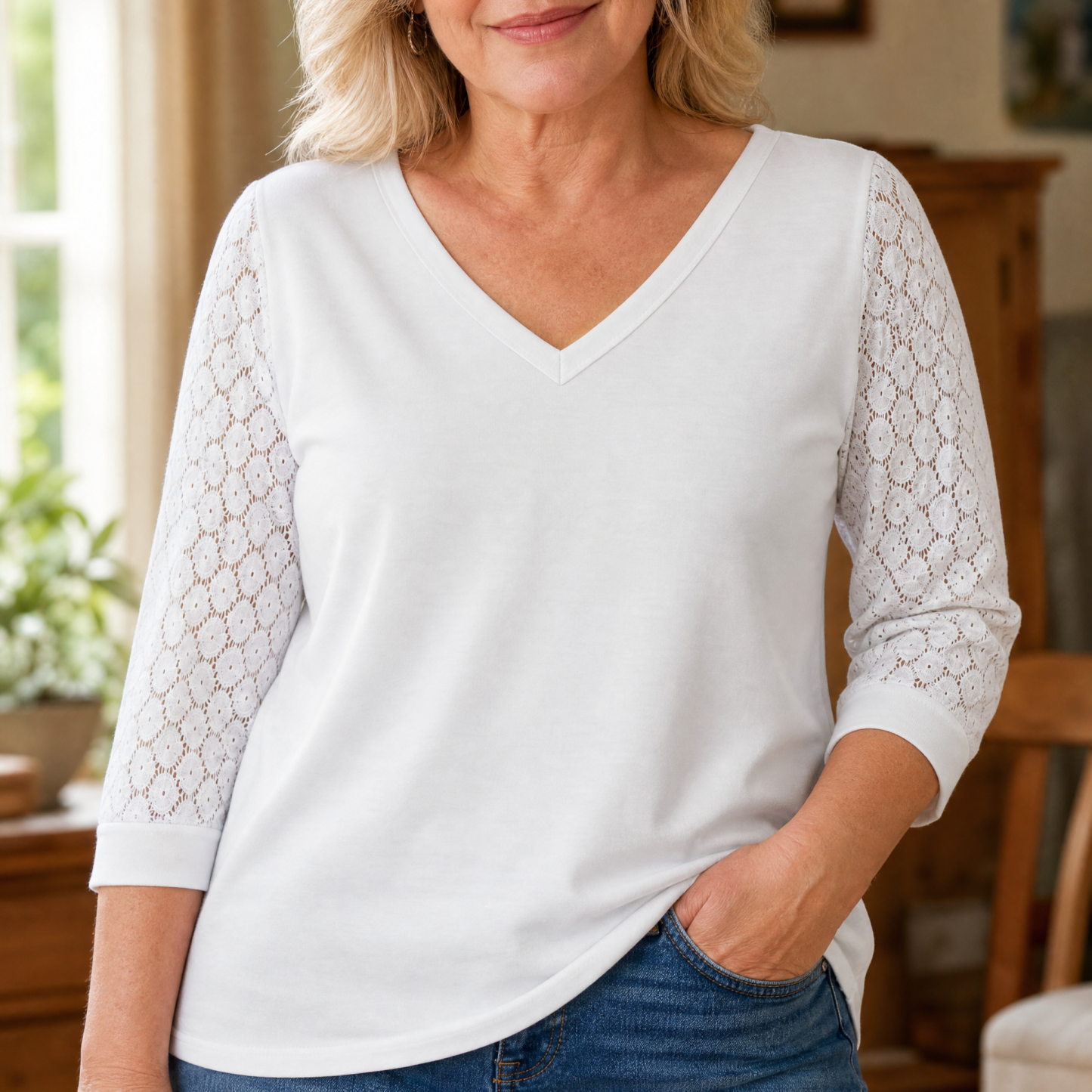  Crochet Lace Sleeve V-Neck Top