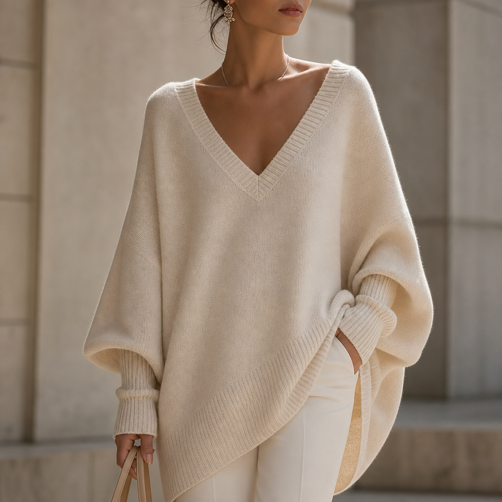 Draped V-Neck Stretch-Knit Sweater
