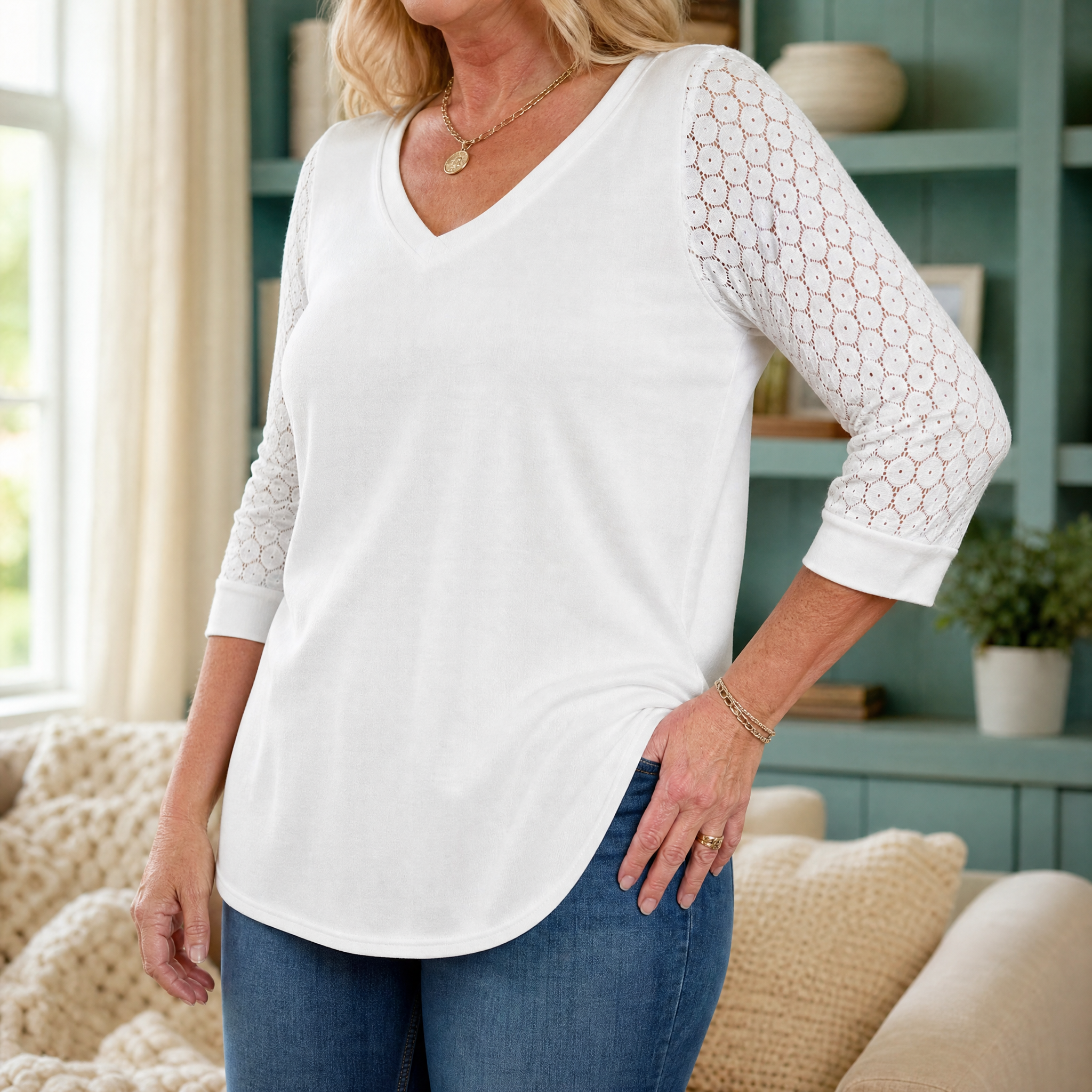  Crochet Lace Sleeve V-Neck Top