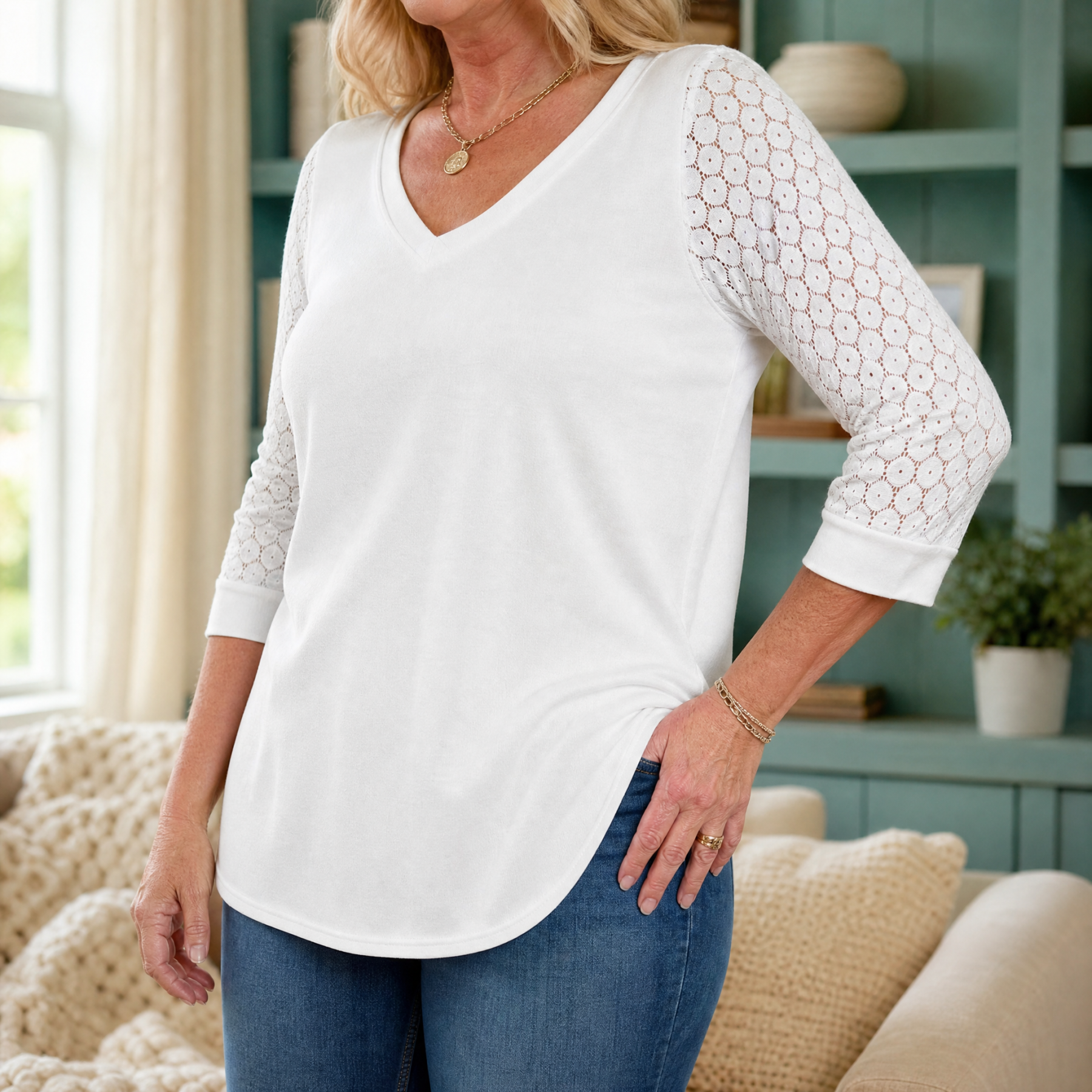  Crochet Lace Sleeve V-Neck Top