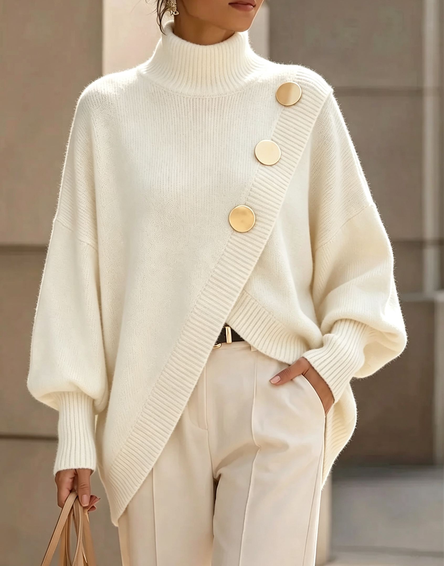 Elegant Asymmetrical Gold-Button Knit Sweater