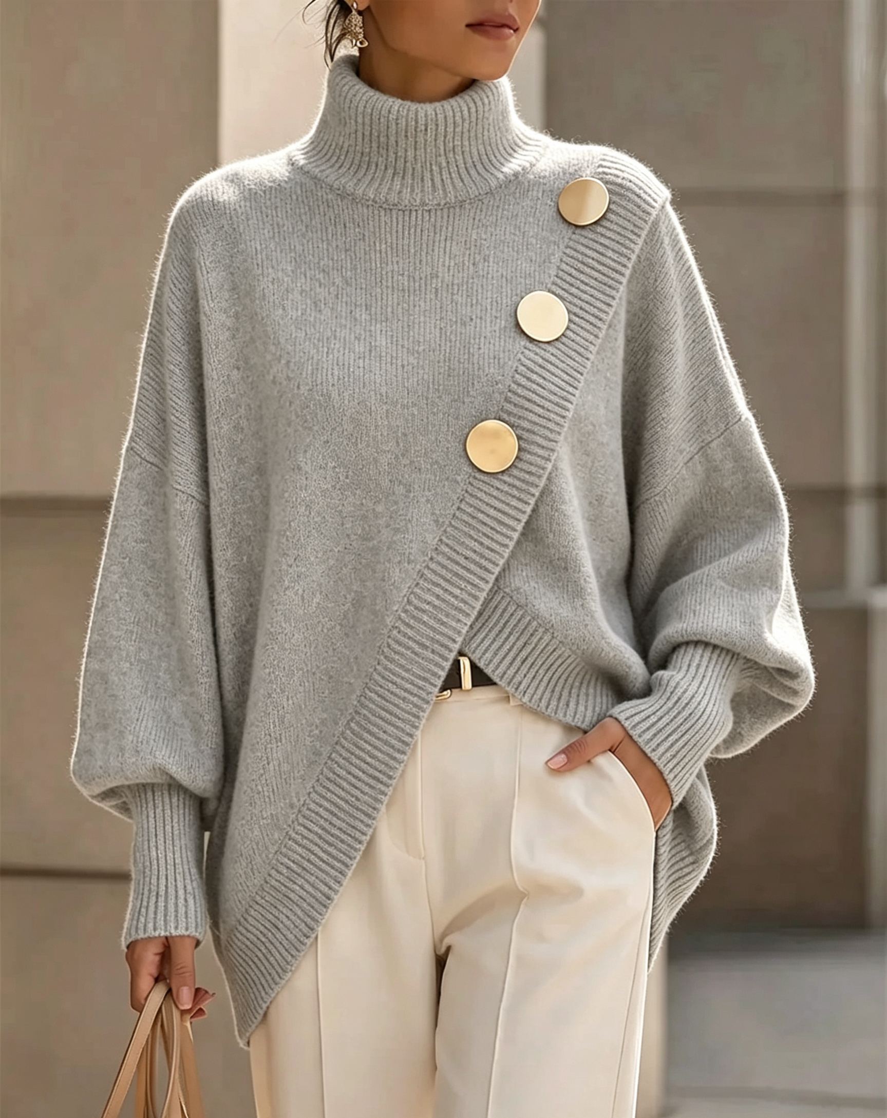 Elegant Asymmetrical Gold-Button Knit Sweater
