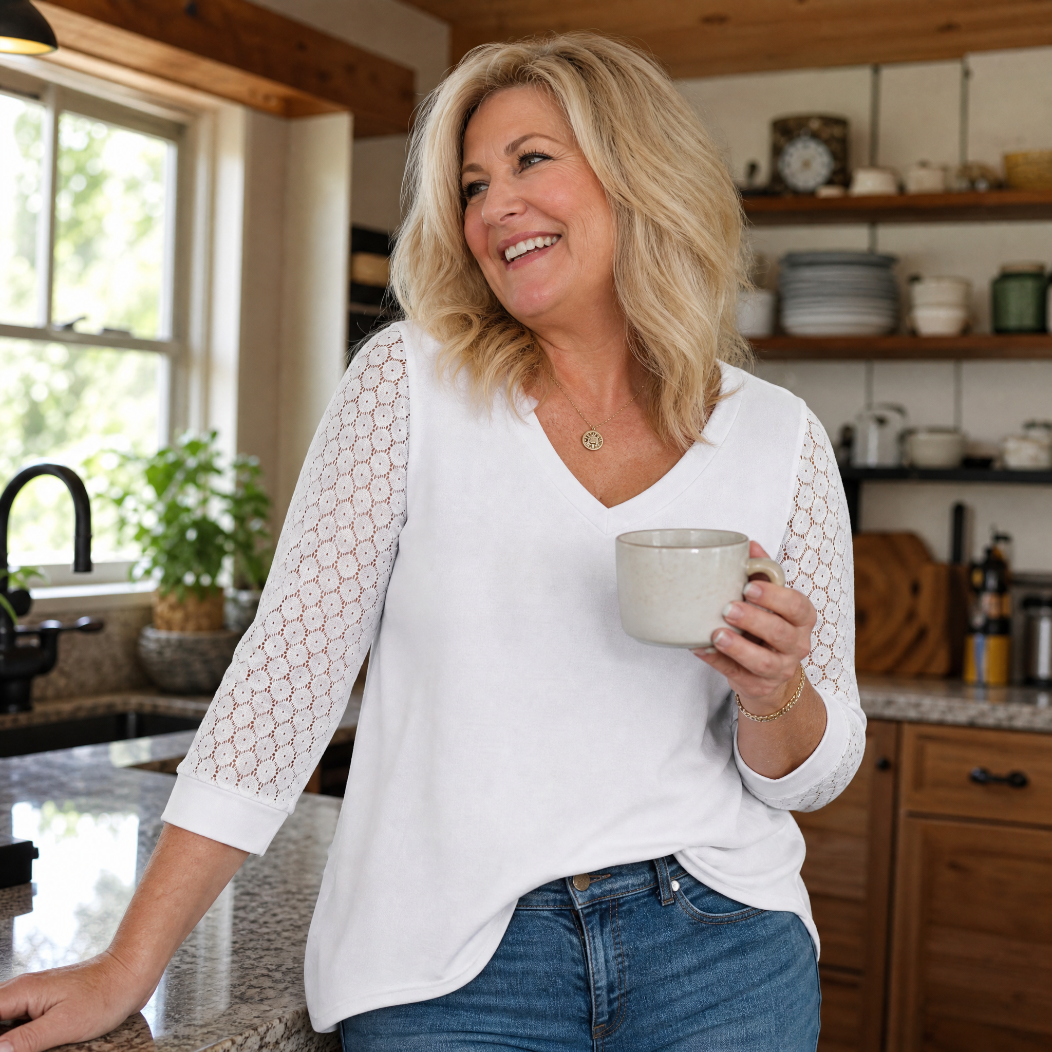  Crochet Lace Sleeve V-Neck Top