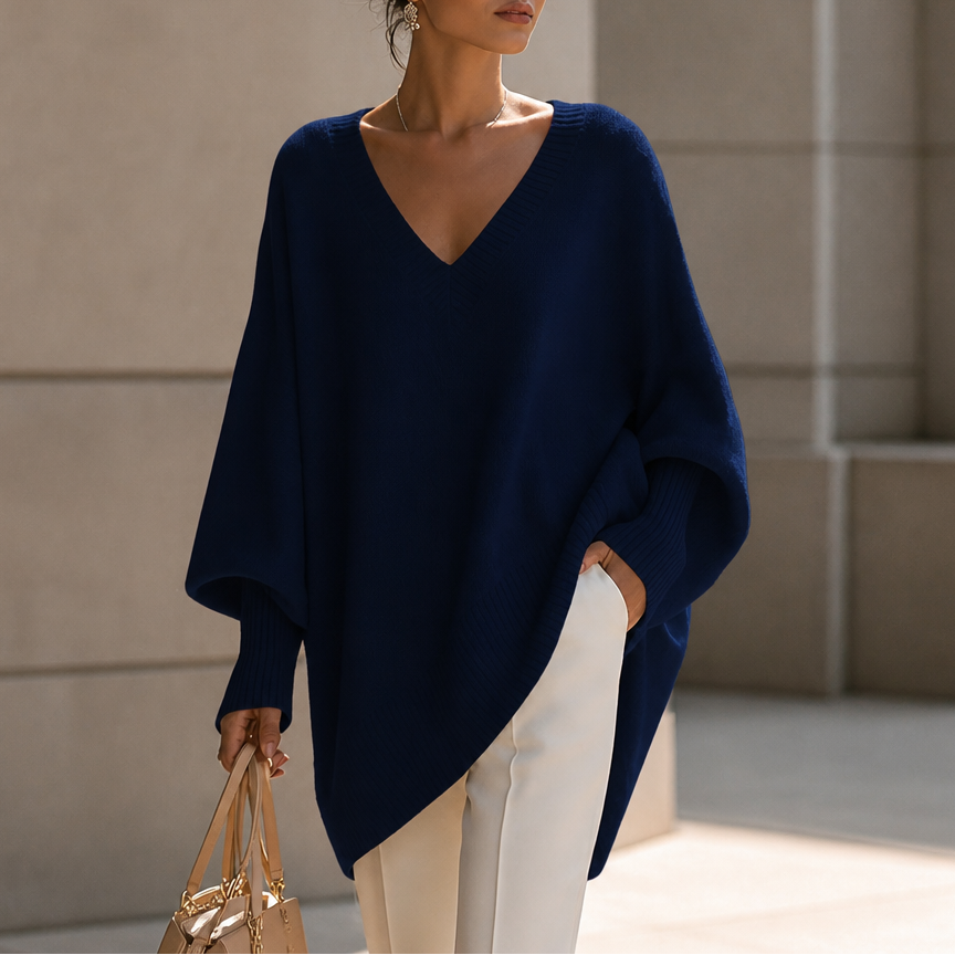 Draped V-Neck Stretch-Knit Sweater