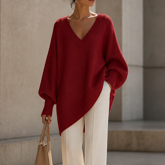 Draped V-Neck Stretch-Knit Sweater