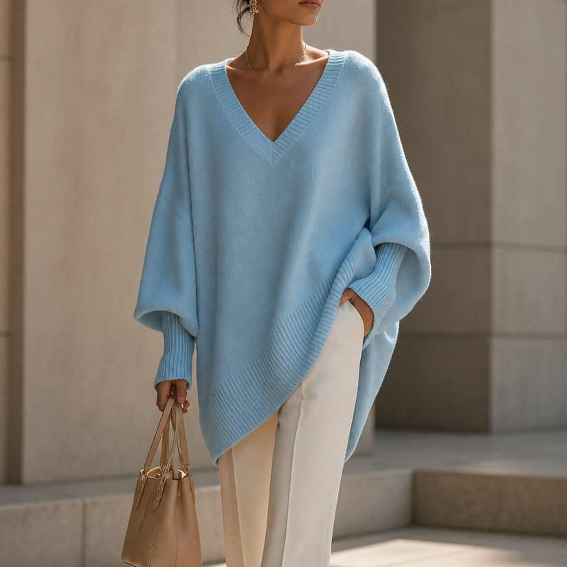 Draped V-Neck Stretch-Knit Sweater