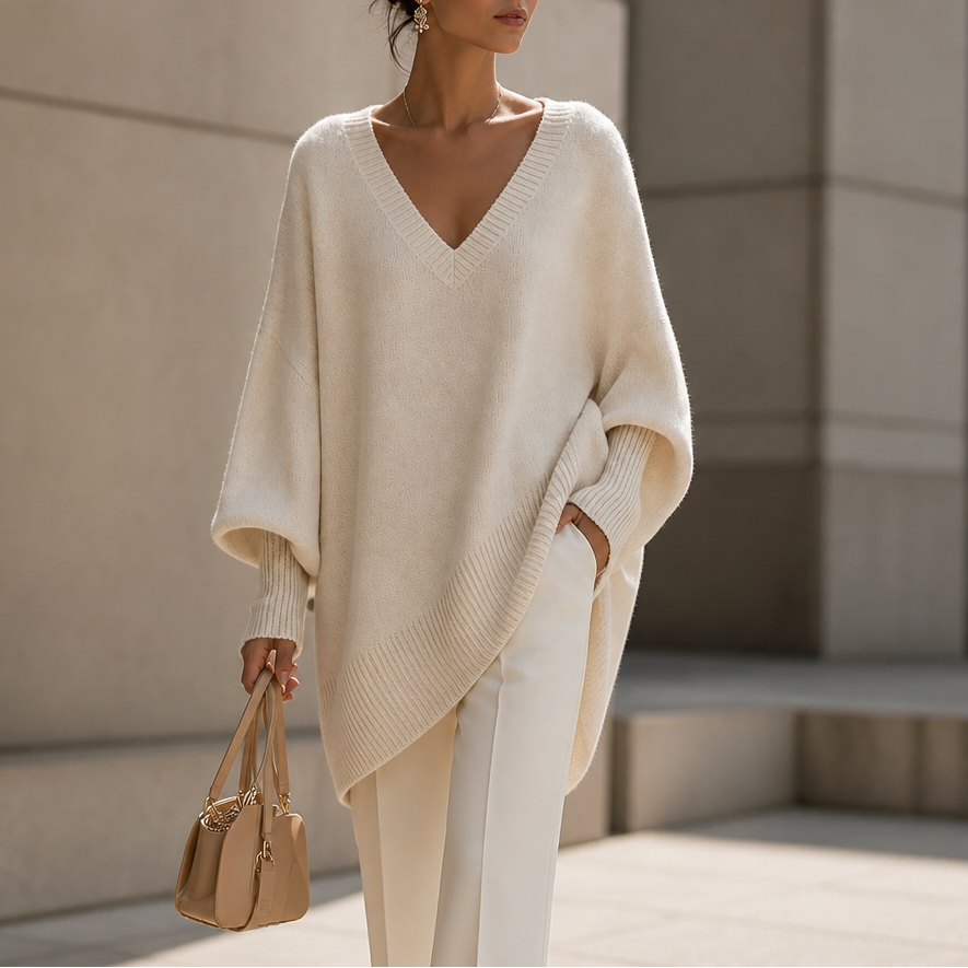 Draped V-Neck Stretch-Knit Sweater