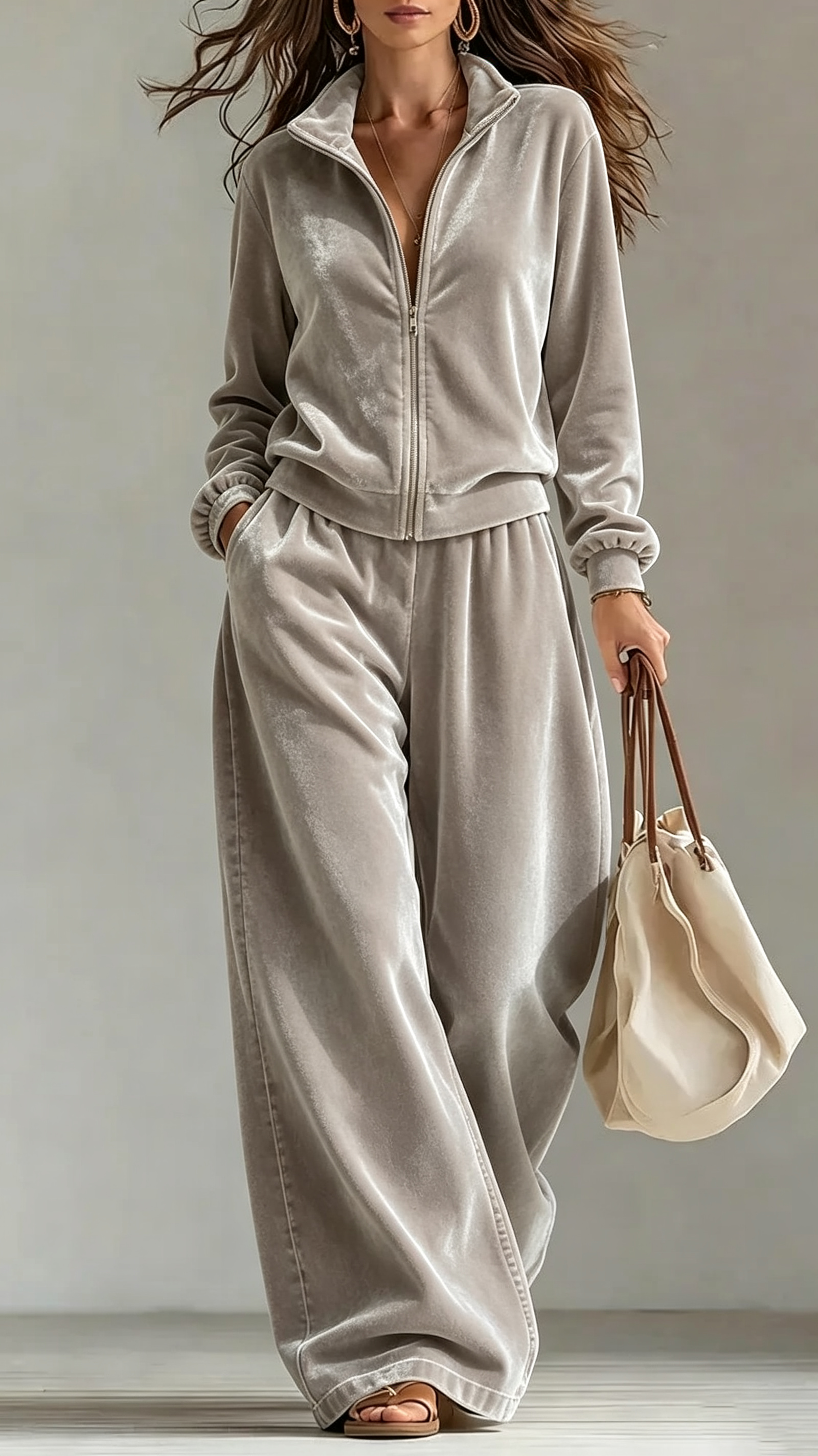 Velour Full‑Zip Stand‑Collar Wide‑Leg Tracksuit Two‑Piece Set
