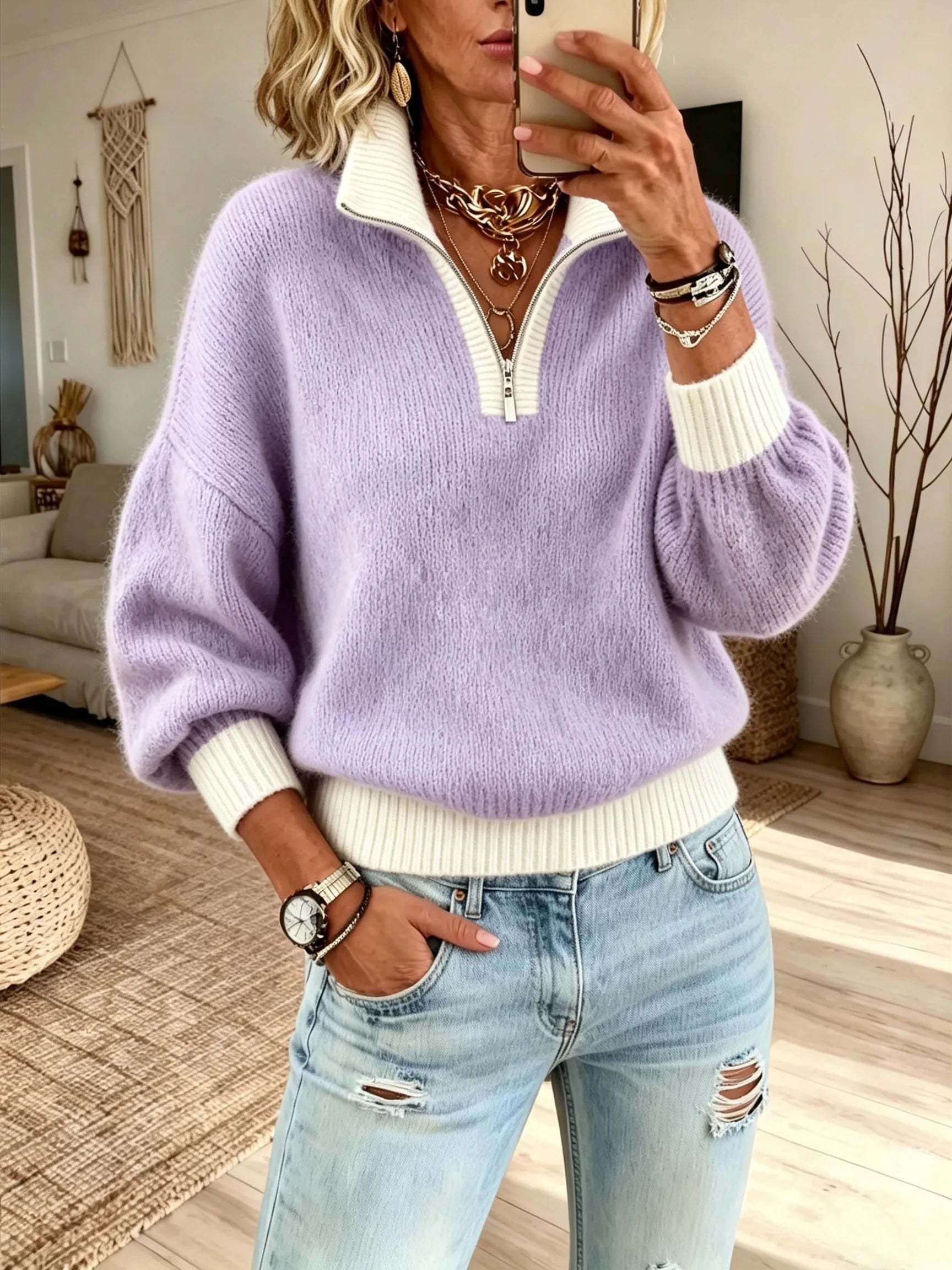 Half-Zip Mock Neck Sweater – Relaxed Fit Cozy Knit Pullover