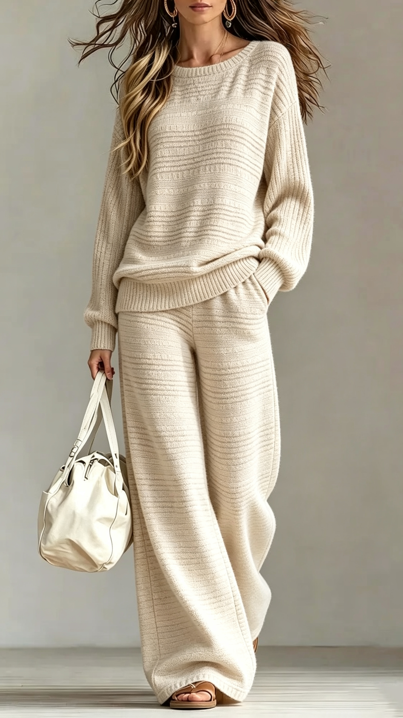 Textured Rib‑Knit Crew Neck Wide‑Leg Knit Two‑Piece Set