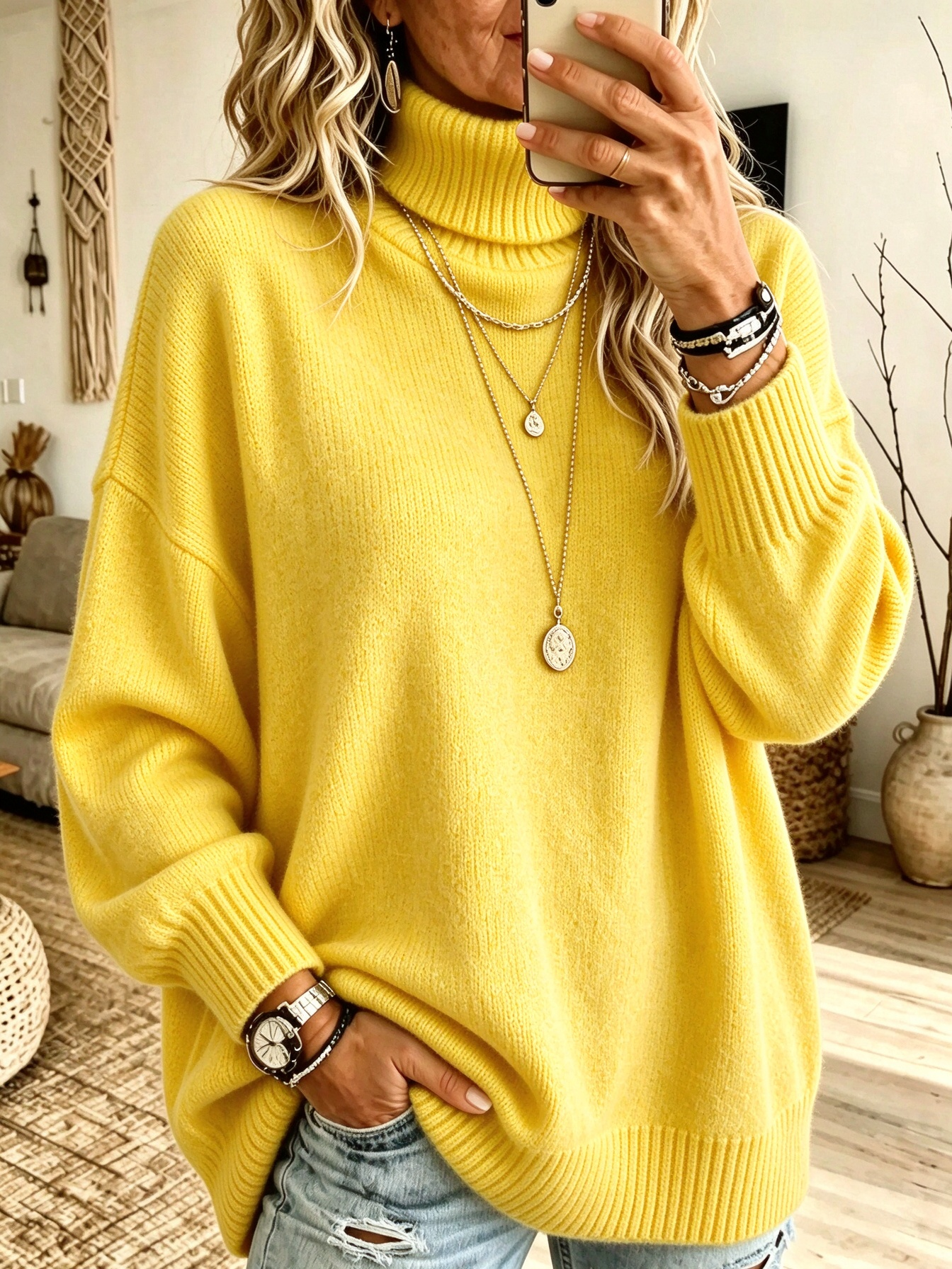 Women's Oversized Turtleneck Ribbed Knit Sweater