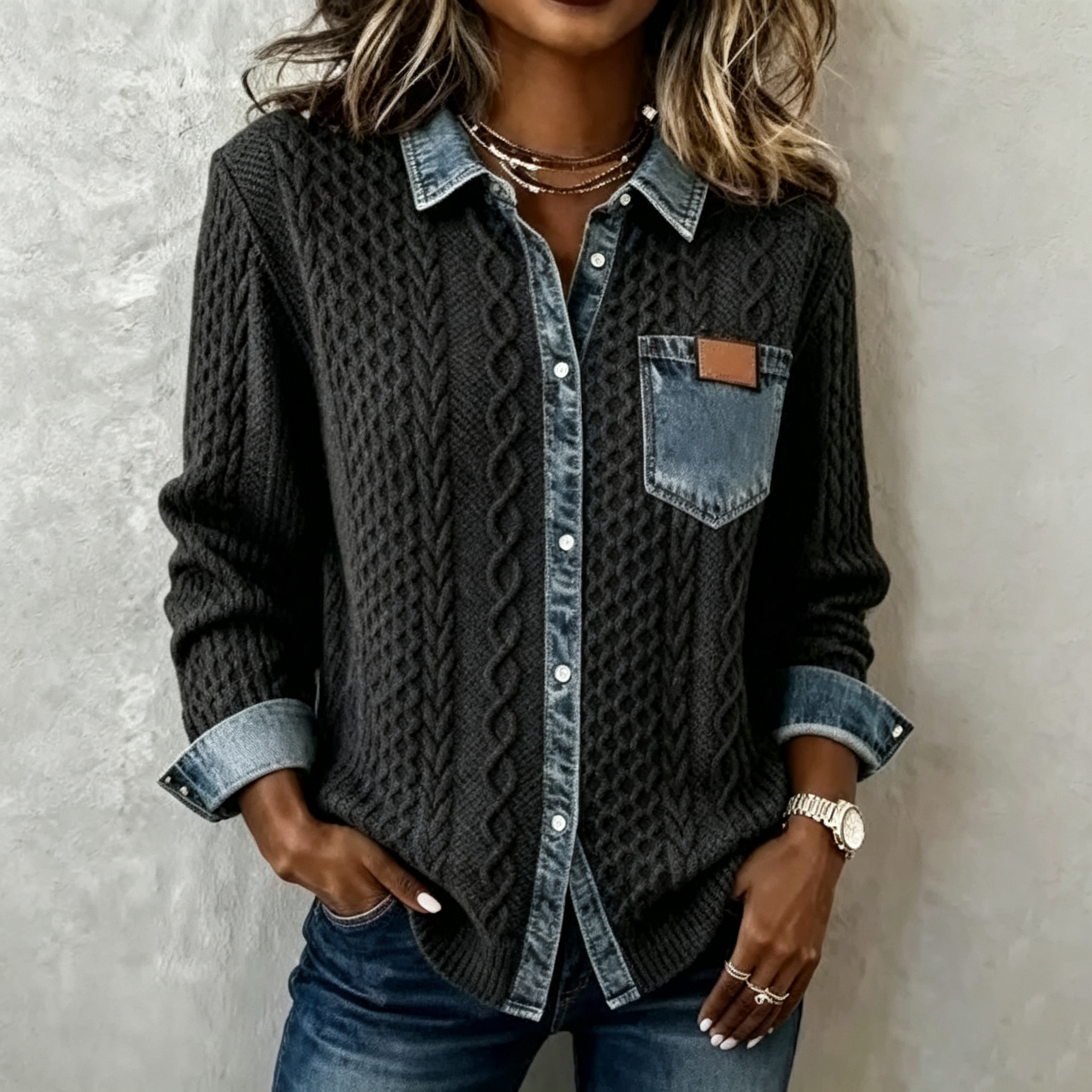 Cable Knit Denim Patchwork Button Down Shirt