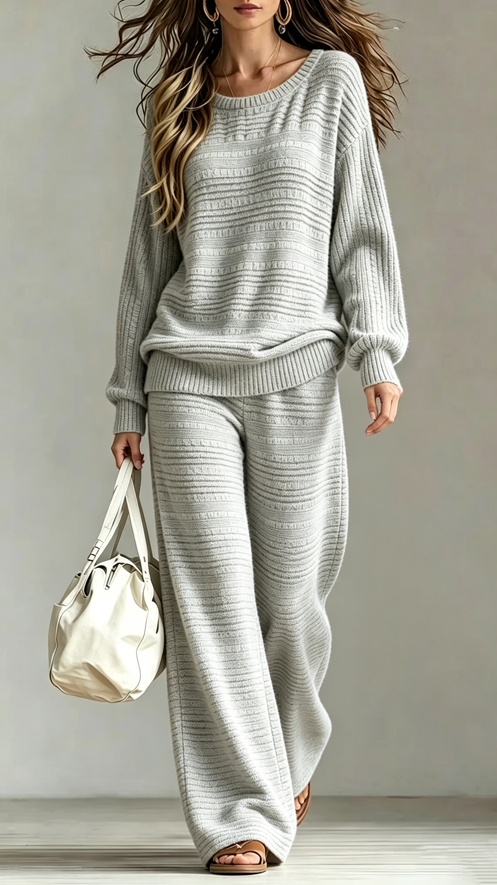 Textured Rib‑Knit Crew Neck Wide‑Leg Knit Two‑Piece Set