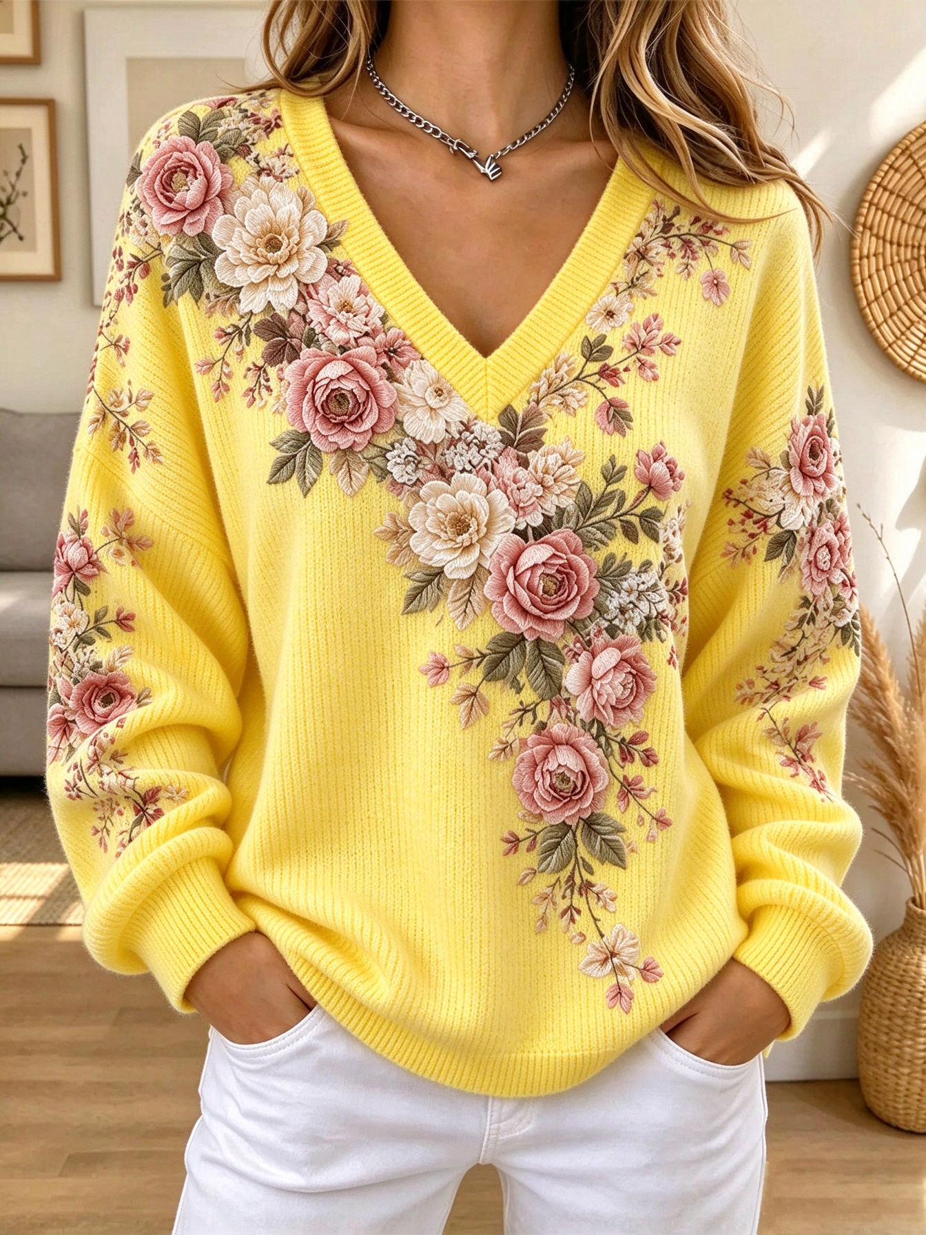 Retro Floral Pattern Art Casual Stylish Long Sleeve Knit Sweater