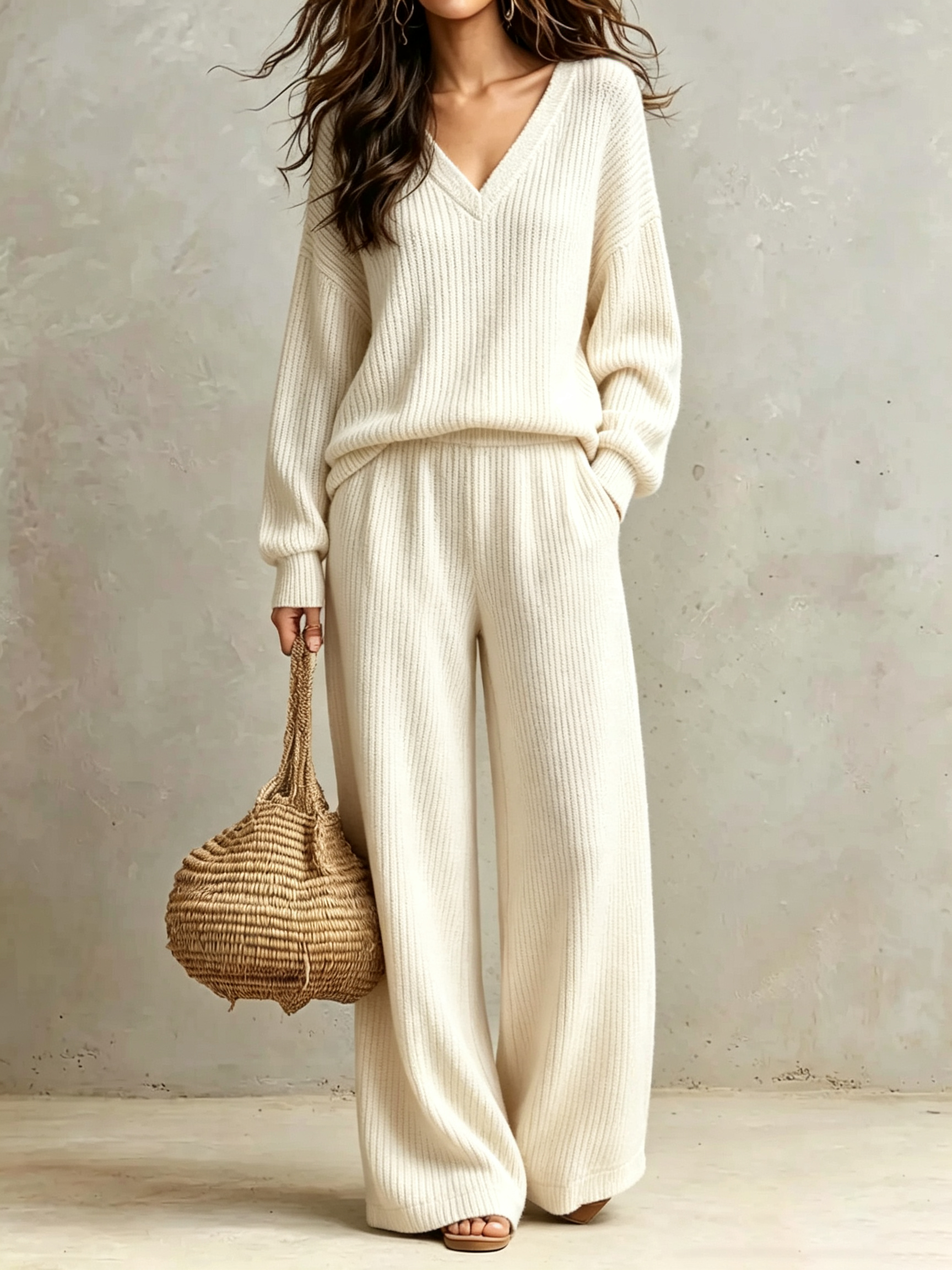 V‑Neck Rib‑Knit Wide‑Leg Knit Two‑Piece Loungewear Set