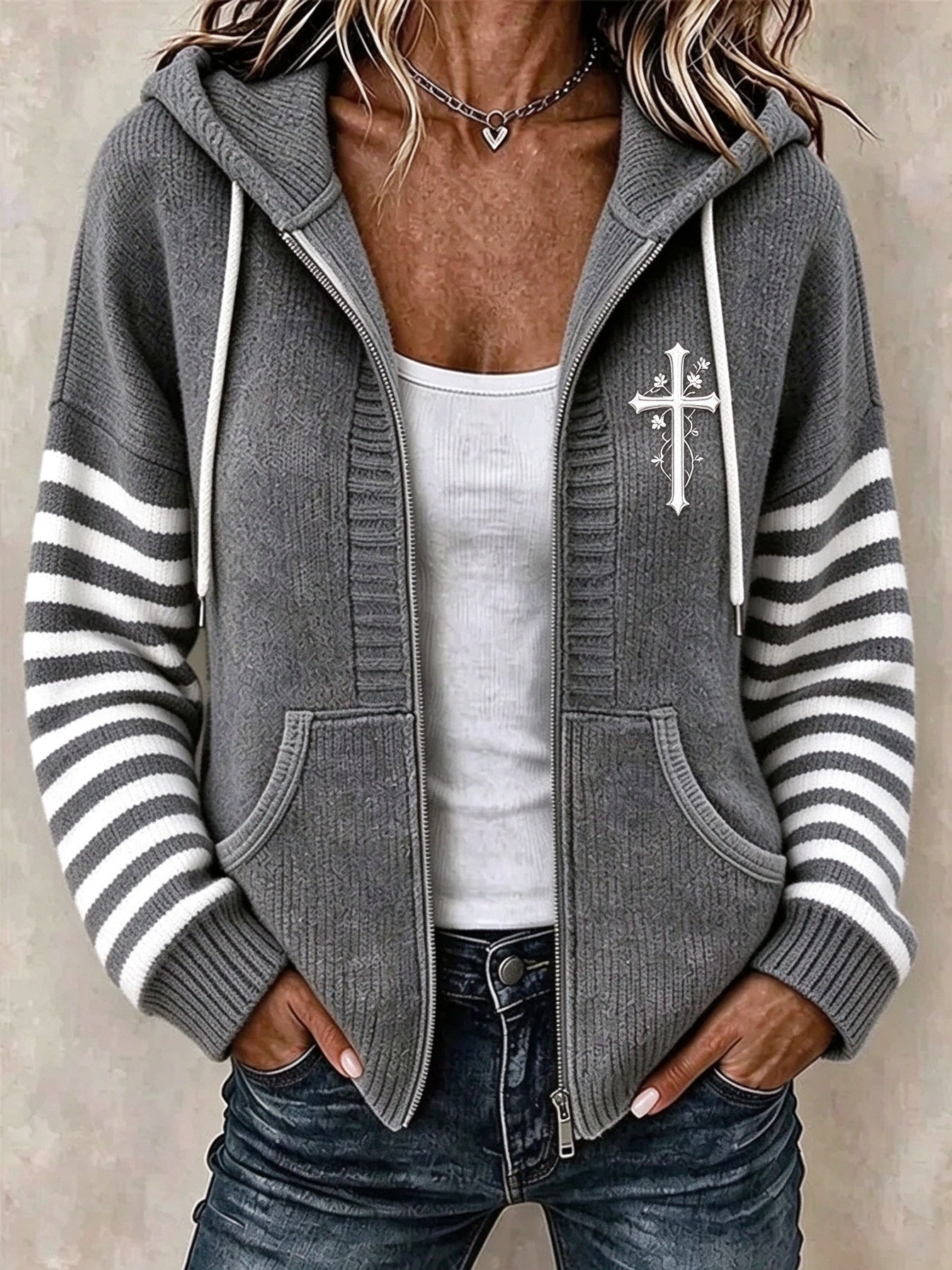 Women Striped Long Sleeve Hoodie Casual Spring/Fall Jacket
